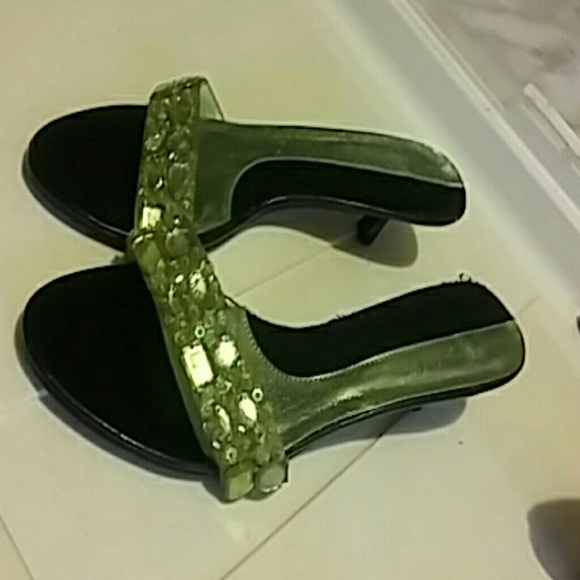 Slip on sandals small heel womens sequence, beaded, lime, green, darling - Picture 1 of 4